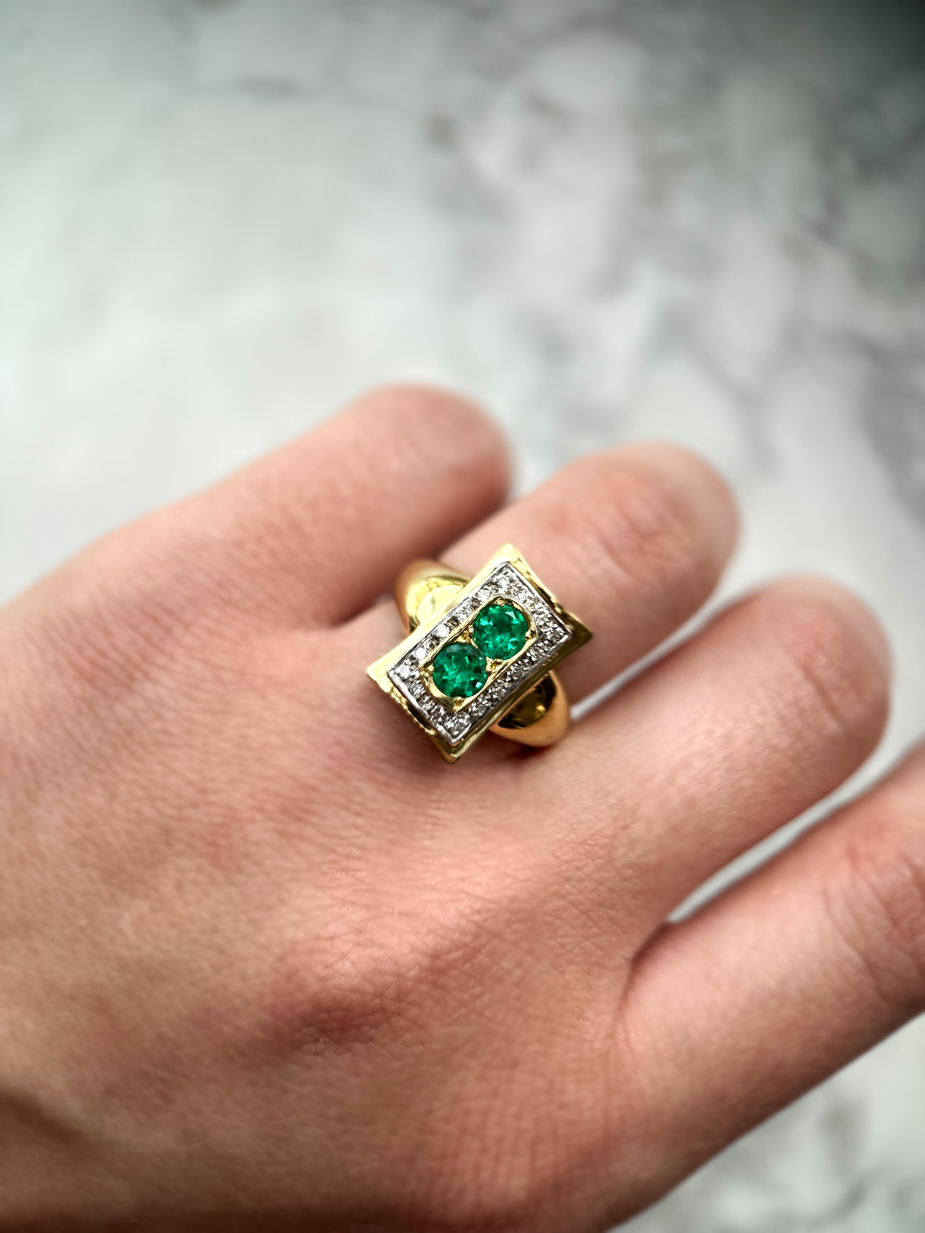 Retro Emerald & Diamond Ring 18K Yellow & White Gold