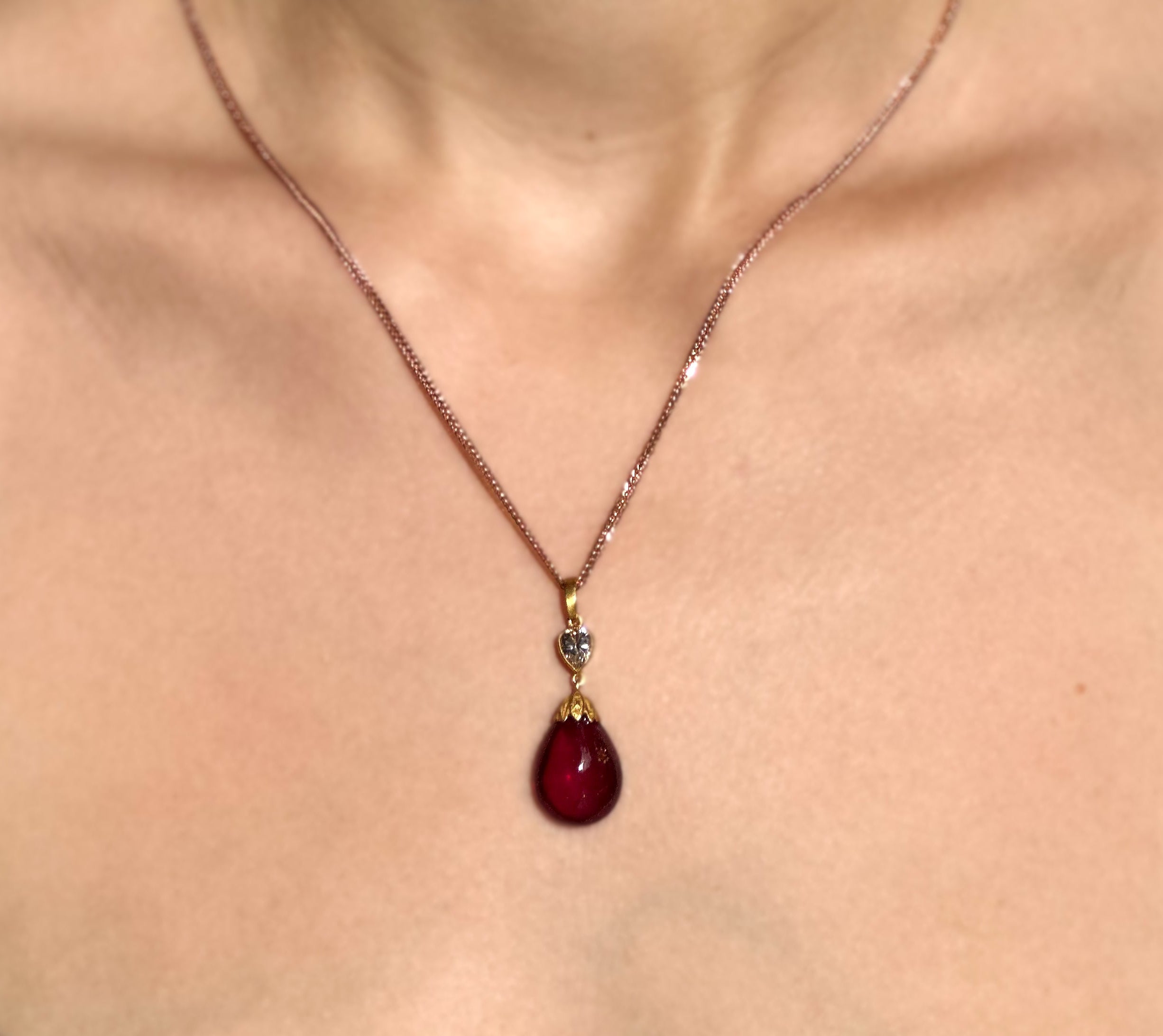Vintage Ruby Cabochon & Diamond Pendant Necklace 18K Gold
