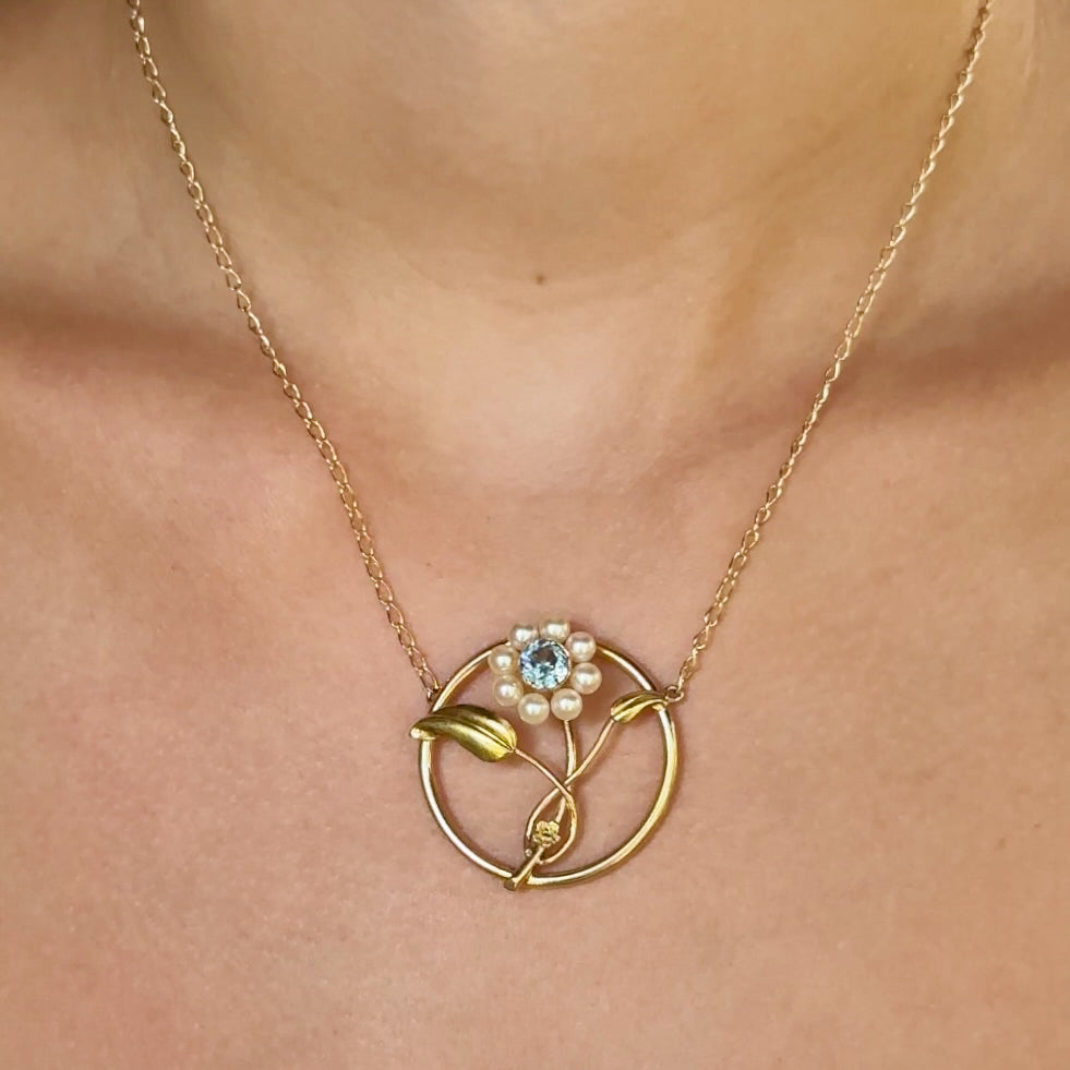Vintage Blue Zircon & Pearl Flower Necklace