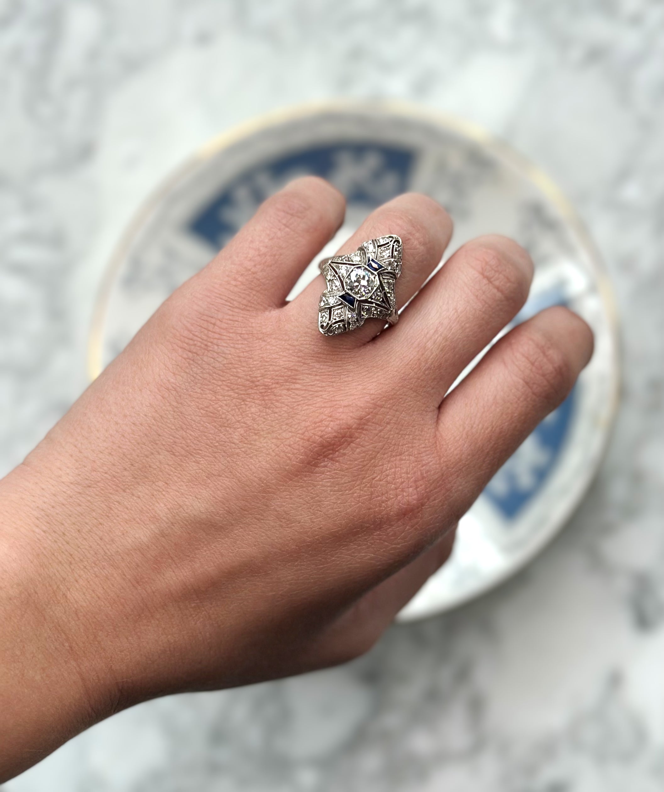 Art Deco Diamond & Sapphire Navette Ring Platinum
