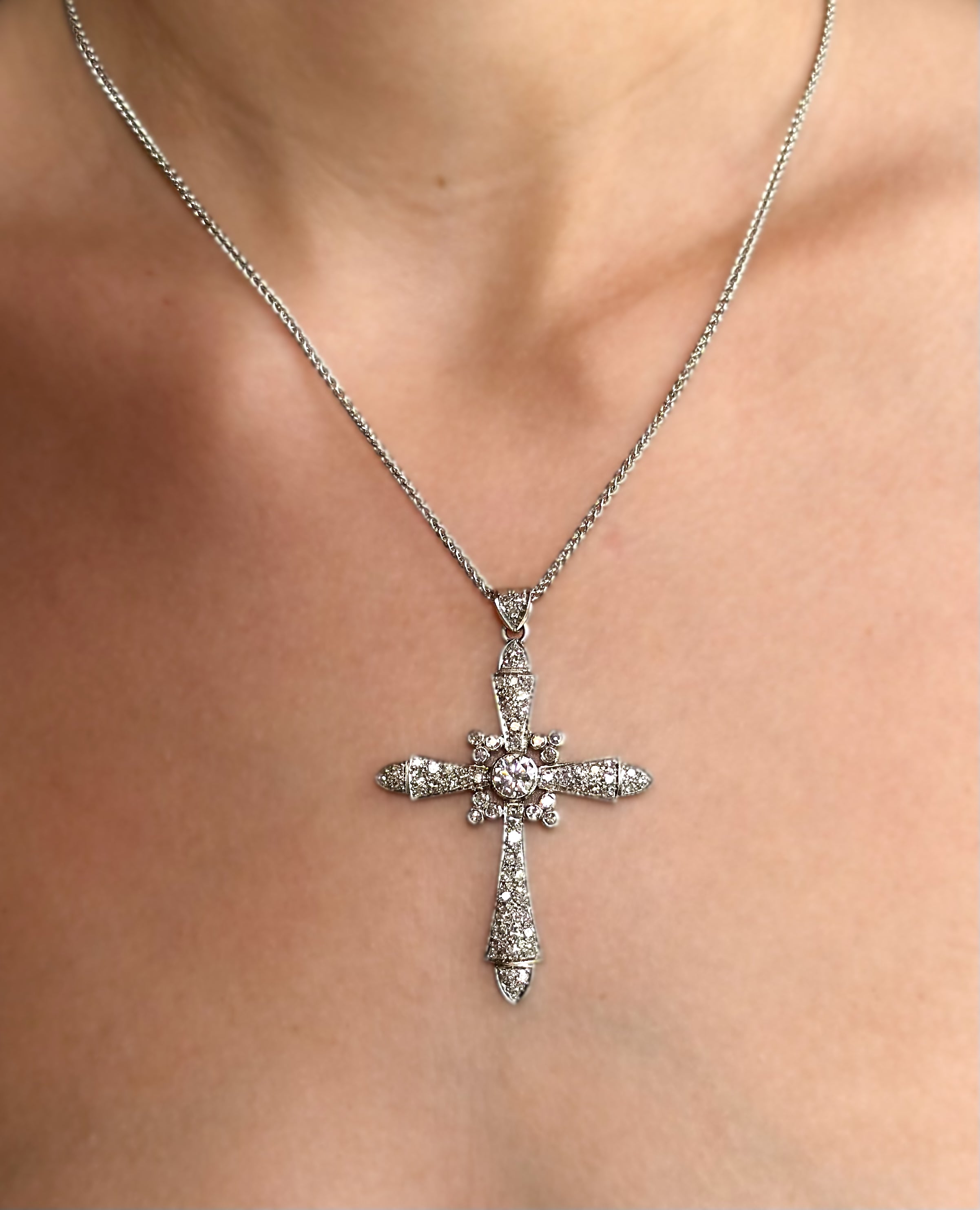 Vintage Platinum Diamond Cross Pendant Necklace