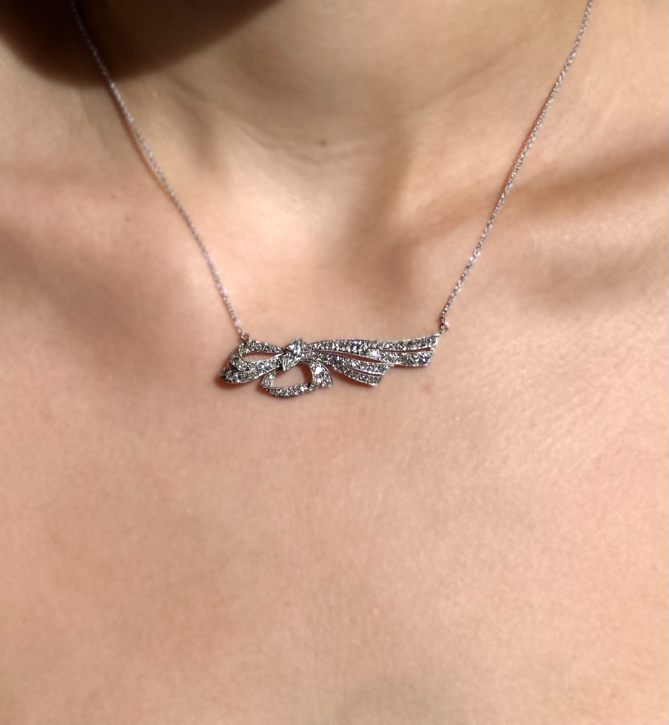 Vintage Platinum Diamond Bow Brooch Necklace