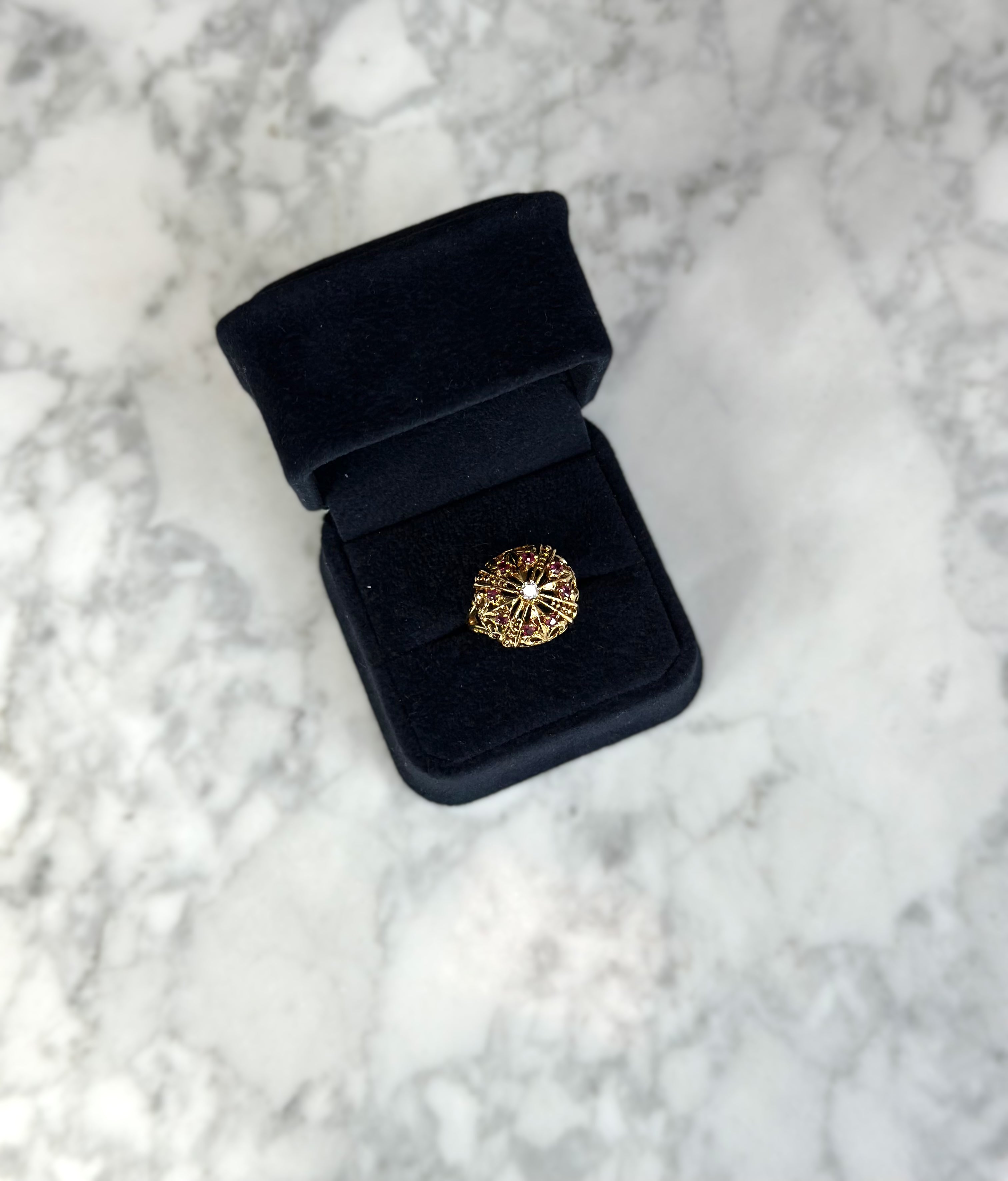 Vintage Ruby & Diamond Crown Ring 18K Yellow Gold
