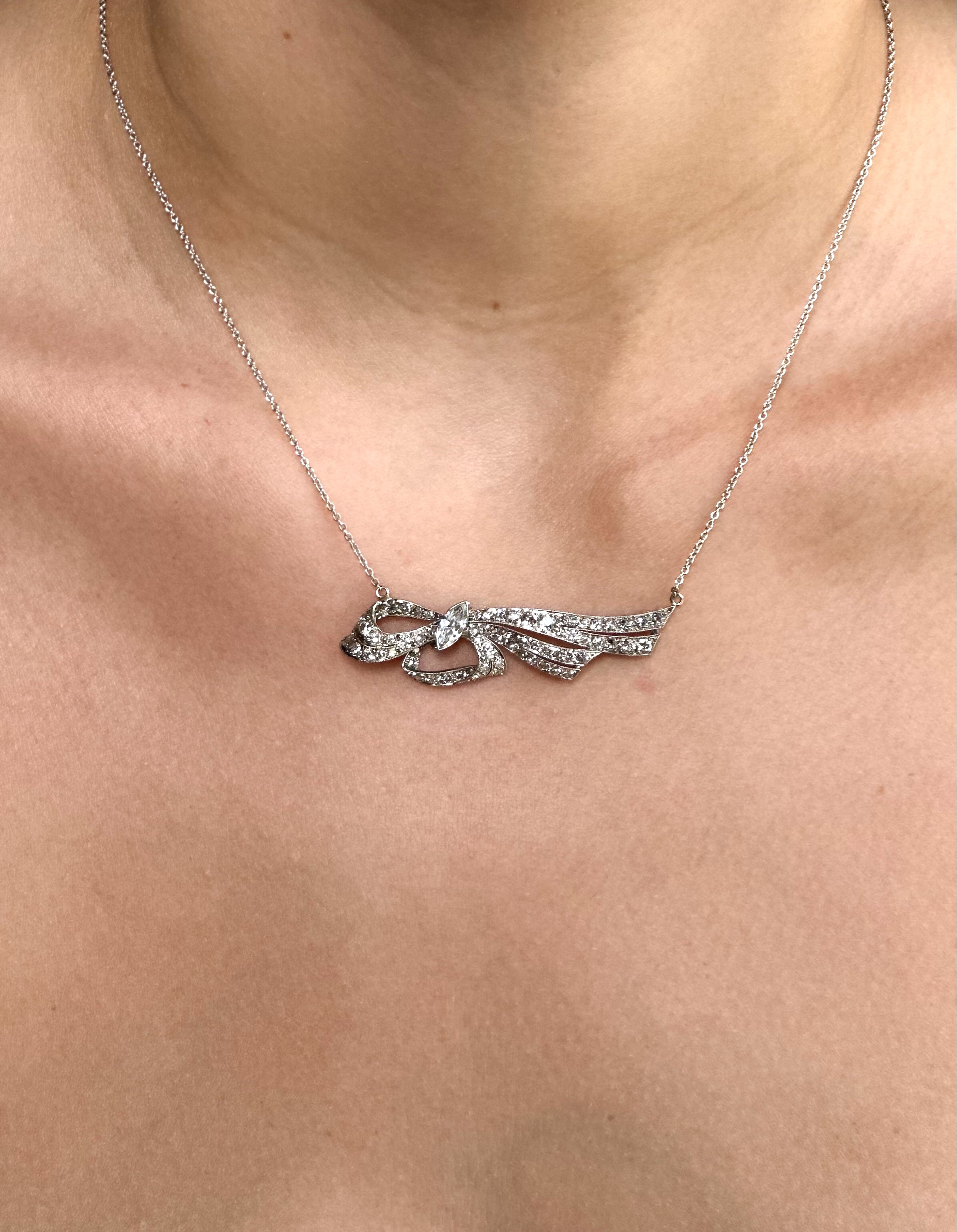 Vintage Platinum Diamond Bow Brooch Necklace