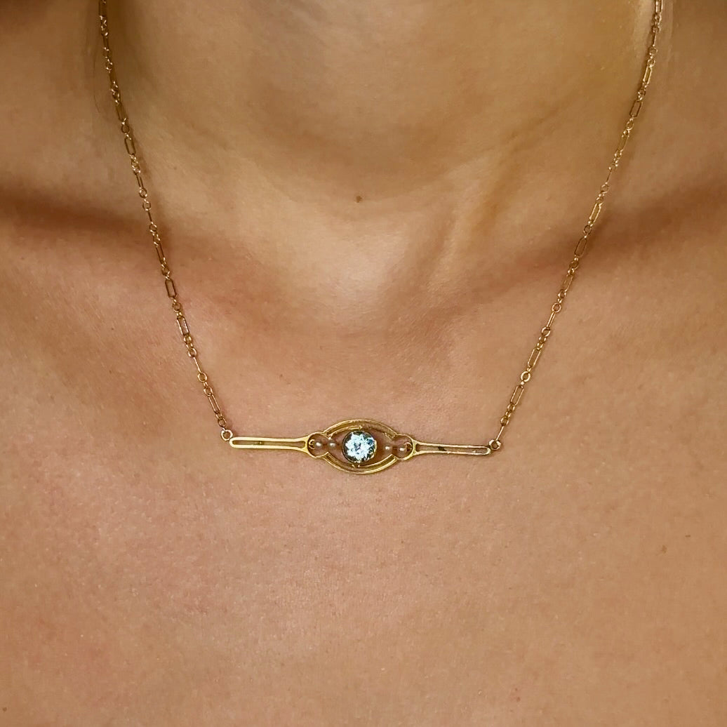Art Nouveau Aquamarine & Seed Pearl Necklace