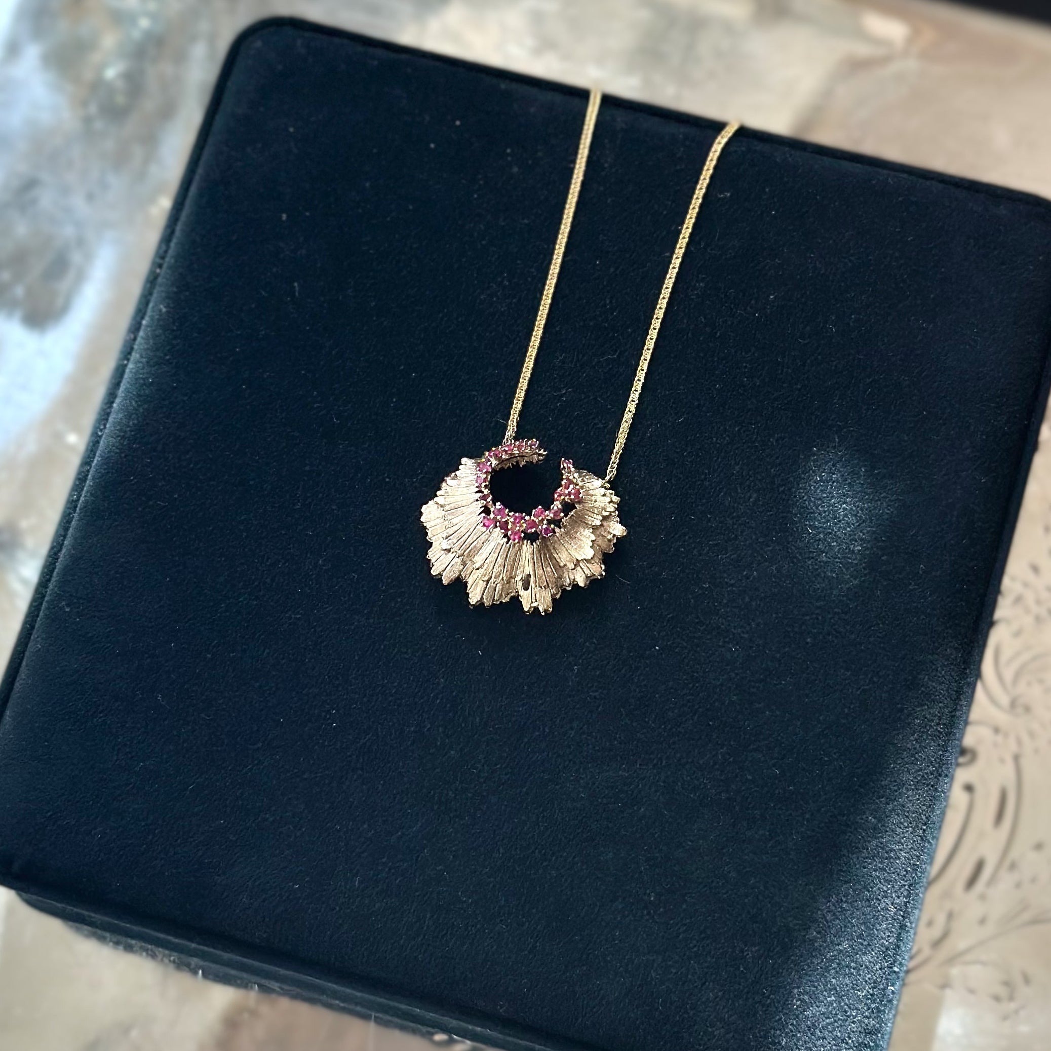 Vintage Ruby Brooch Necklace 14K Yellow Gold