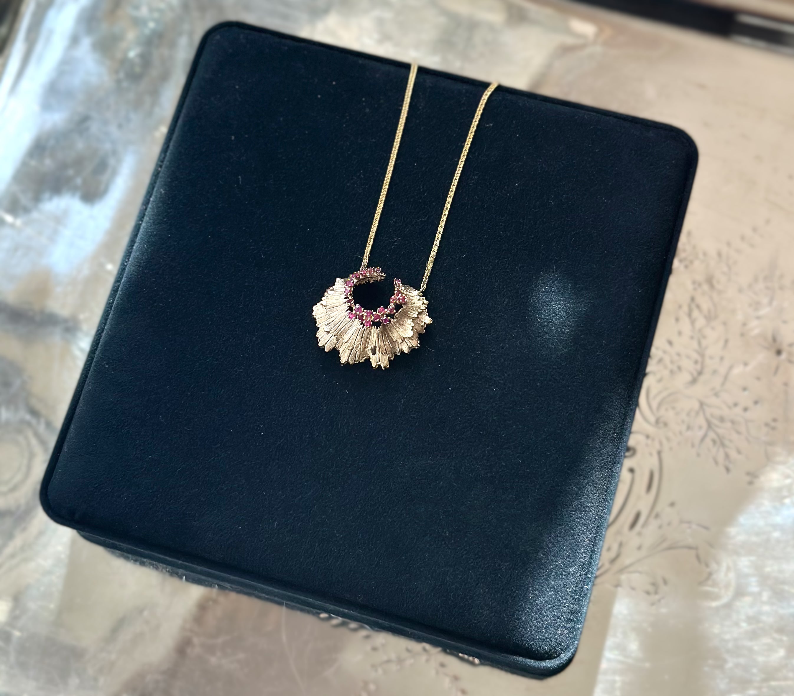 Vintage Ruby Brooch Necklace 14K Yellow Gold
