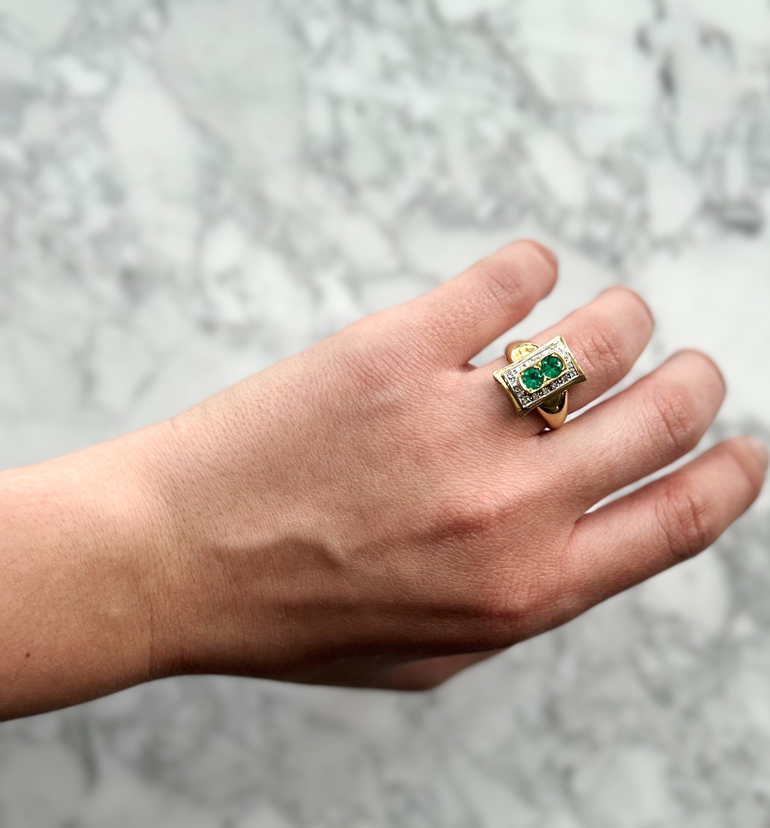 Retro Emerald & Diamond Ring 18K Yellow & White Gold