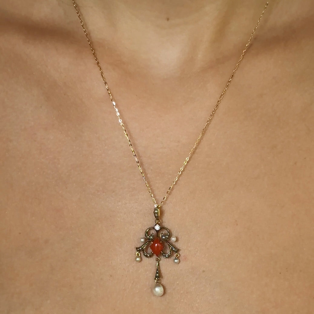 Vintage Pearl & Coral Art Nouveau Lavaliere 14K Gold Necklace