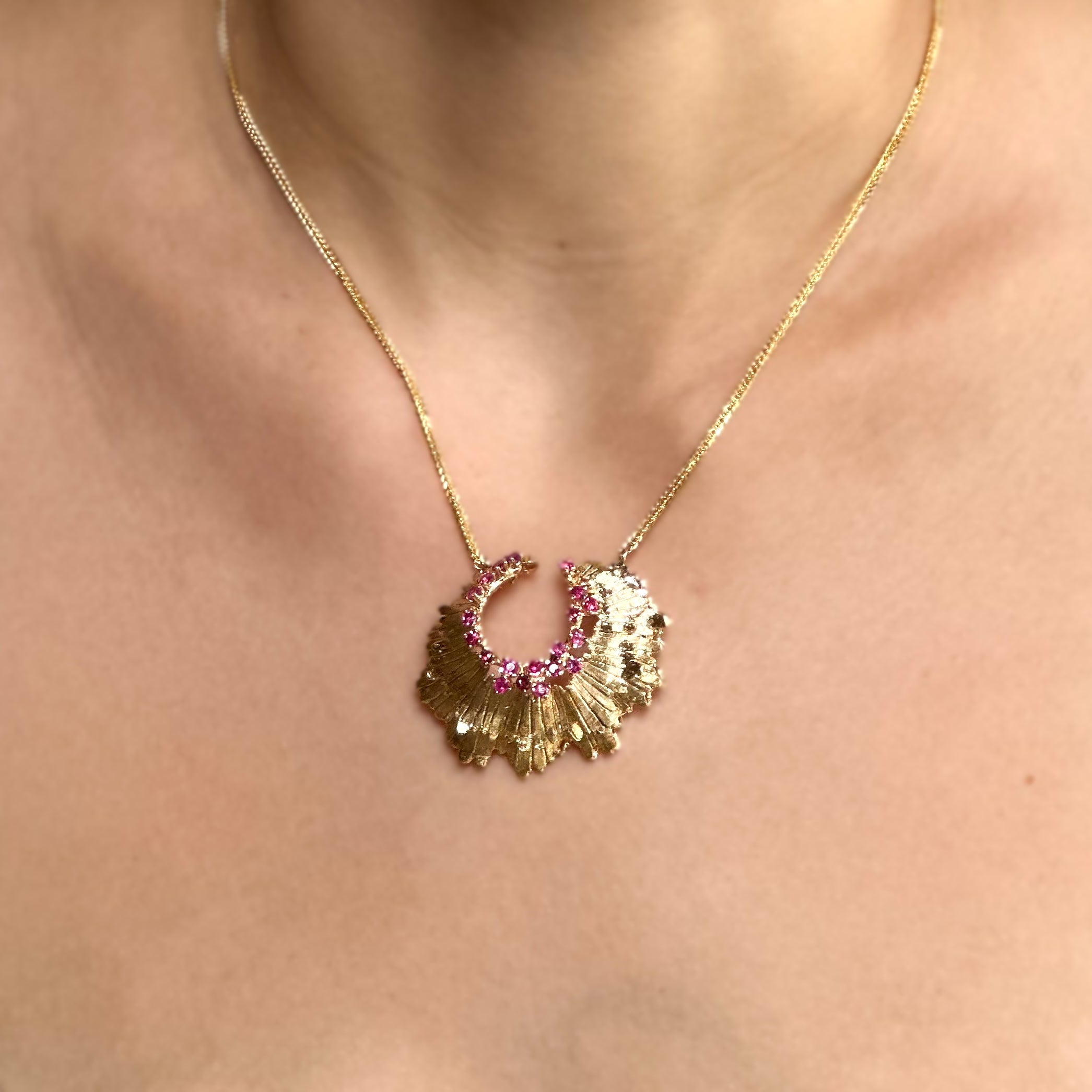 Vintage Ruby Brooch Necklace 14K Yellow Gold